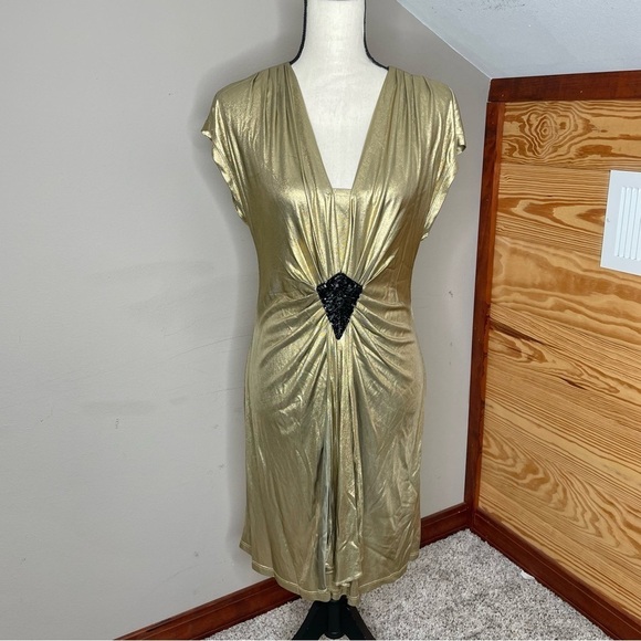 Trina Turk Dresses & Skirts - Trina Turk Liquid Gold Carrington Metallic Sequin Beaded V-Neck Dress 6 NWT